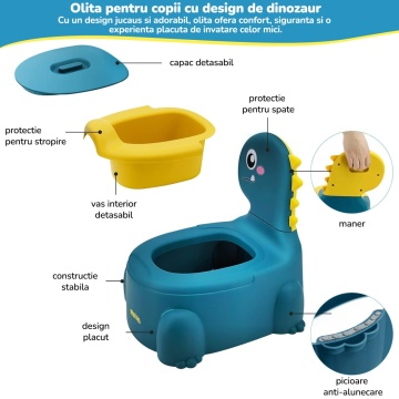 Resigilat - Olita pentru Copii Mavio®, Model Dinozaur, Colac Moale, Design Ergonomic, Non-Toxic, Varsta 1-6 Ani, Compartiment Detasabil, Maner Transport, Usor de Curatat, Picioare Anti-derapante, Albastru - Img 2