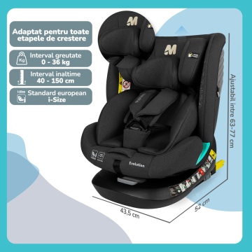 Resigilat - Scaun Auto Bebelusi Mavio®, Model Evolution, 40-150 cm, 360 de grade, ISOFIX, Copii intre 0 - 12 ani, Omologat i-Size R129, Negru - Img 2