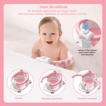 Resigilat - Scaun de Baie pentru Bebelusi Mavio®, Model Little Bear, Sistem Blocare, Varsta 6 luni+, Practic, Usor de Folosit, 4 Ventuze Fixare, Gauri Scurgere, Sezut si Spatar Confortabile, Materiale Sigure, Roz - Img 5