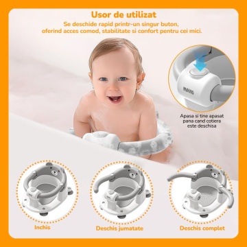 Resigilat - Scaun de Baie pentru Bebelusi Mavio®, Model Little Bear, Sistem Blocare, Varsta 6 luni+, Practic, Usor de Folosit, 4 Ventuze Fixare, Gauri Scurgere, Sezut si Spatar Confortabile, Materiale Sigure, Gri - Img 5