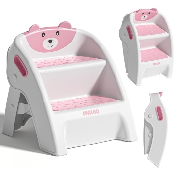 Resigilat - Scaunel Copii Mavio®, Model Little Bear, Scara cu Suprafata Antialunecare, Inaltator WC in Doua Trepte, Maner Transport, Taburet Pliabil pentru Baie, Toaleta, Chiuveta, Bucatarie, Greutate Suportata 68kg, Roz