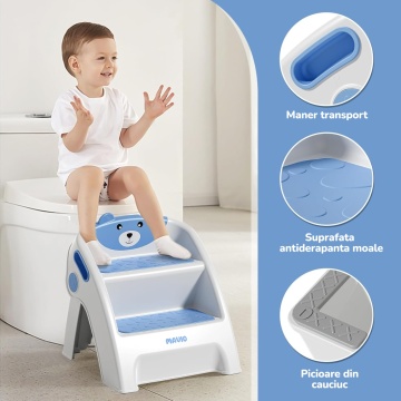 Resigilat - Scaunel Copii Mavio®, Model Little Bear, Scara cu Suprafata Antialunecare, Inaltator WC in Doua Trepte, Maner Transport, Taburet Pliabil pentru Baie, Toaleta, Chiuveta, Bucatarie, Greutate Suportata 68kg, Albastru - Img 2
