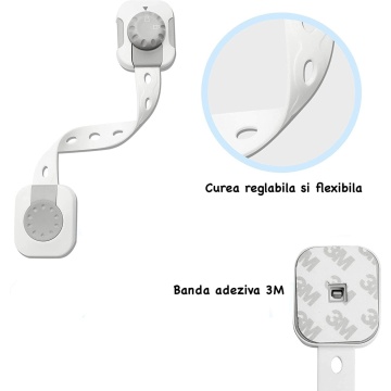 Resigilat - Set 6 Sigurante Usi Copii, Blocheaza Sertare, Frigider, Congelator, Ajustabile pe Lungime, Adeziv Puternic 3M, Fara Urme dupa Indepartare, Sistem de Inchidere Dublu, Gri - Img 2