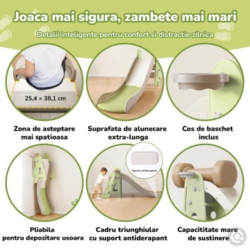 Resigilat - Tobogan Copii Mavio® cu Cos Baschet, 3–6 Ani, Panta Alunecare 165 cm, Structura HDPE Durabila, Pliabil, Stabil si Sigur, Design Ergonomic, Interior/Exterior, Dimensiuni 175x47x77 cm, Verde - Img 2