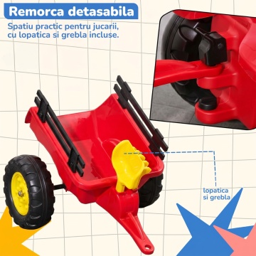 Resigilat - Tractor cu Pedale Copii Mavio®, cu Remorca Detasabila, Lopatica si Grebla Incluse, Volan, Roti Antiderapante, Cadru Stabil, Suporta pana la 35 kg, Varsta Recomandata 3 ani+, Rosu - Img 5