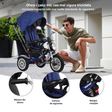 Resigilat - Tricicleta pentru Copii Mavio®, Pozitie de Somn, Centura de Siguranta, Far cu Lumina, Oglinzi, Cauciucuri Spuma EVA, Greutate Maxima Admisa 25kg, Albastru - Img 5
