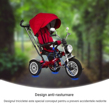Resigilat - Tricicleta pentru Copii Mavio®, Pozitie de Somn, Centura de Siguranta, Far cu Lumina, Oglinzi, Cauciucuri Spuma EVA, Greutate Maxima Admisa 25kg, Rosu - Img 5
