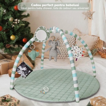 Saltea Activitati Mavio®, Centru de Joaca pentru Bebelusi 0-36 Luni, Arcada cu Jucarii Suspendate, Joc de Dezvoltare Multi-Mod, Stimulare Senzoriala, Jucarii Multiple, Dimensiune 85 x 85 x 50 cm, Verde - Img 6