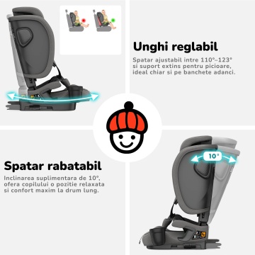 Scaun Auto Bebelusi Mavio®, Model Foldy, Unghi Reglabil, ISOFIX, Copii intre 18 luni - 12 ani, Pliabil, Spatar Rabatabil, Omologat i-Size R129, Protectie Impact Lateral, Centura de Siguranta 5 Puncte, Tetiera Reglabila, Husa Detasabila, Gri - Img 5