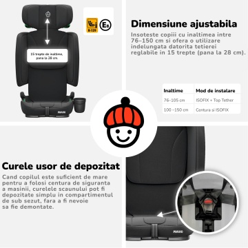 Scaun Auto Bebelusi Mavio®, Model Foldy, Unghi Reglabil, ISOFIX, Copii intre 18 luni - 12 ani, Pliabil, Spatar Rabatabil, Omologat i-Size R129, Protectie Impact Lateral, Centura de Siguranta 5 Puncte, Tetiera Reglabila, Husa Detasabila, Negru - Img 7