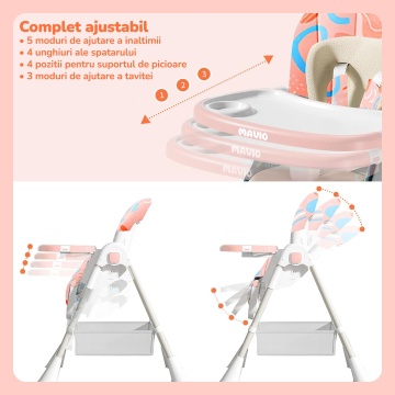 Scaun de Masa 3 in 1 pentru Bebelusi si Copii Mavio®, Model OMNY, 6-36 luni, Inaltime Reglabila, Greutate Maxima 25kg, Roz - Img 5