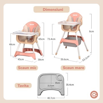 Scaun de Masa 3in1 pentru Bebelusi si Copii Mavio®, Model Petite, Varsta 6 - 36 luni, Inaltime Ajustabila, Centura de Siguranta in 5 Puncte, Tavita Reglabila si Detasabila, Loc pentru Depozitare, Roz - Img 7