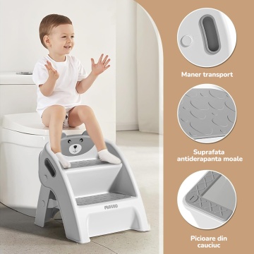 Scaunel Copii Mavio®, Model Little Bear, Scara cu Suprafata Antialunecare, Inaltator WC in Doua Trepte, Maner Transport, Taburet Pliabil pentru Baie, Toaleta, Chiuveta, Bucatarie, Greutate Suportata 68kg, Gri - Img 2