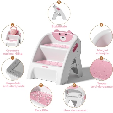 Scaunel Copii Mavio®, Model Little Bear, Scara cu Suprafata Antialunecare, Inaltator WC in Doua Trepte, Maner Transport, Taburet Pliabil pentru Baie, Toaleta, Chiuveta, Bucatarie, Greutate Suportata 68kg, Roz - Img 6