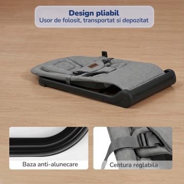 Balansoar Bebelusi Mavio®, 0-6 Luni, Greutate Maxima 9 kg, Reglare Inaltime pe 3 Niveluri, Cadru Rezistent din Fier si Aluminiu, Sezut Confortabil, Design Ergonomic, Stabil si Usor de Transportat, Gri - Img 5