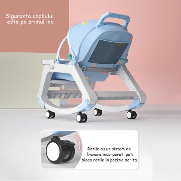 Balansoar Multifunctional 4 in 1, Ergonomic, Spatar Reglabil in Trei Trepte, Jucarii Detasabile, Centura de Siguranta, Masuta Retractabila, Husa Detasabila si Lavabila, Greutate Suportata 25 kg, Albastru - Img 7