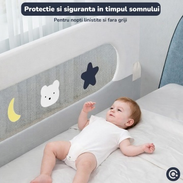 Bariera de Protectie Laterala pentru Pat Mavio®, 150 x 50 cm, Bariera Siguranta Pat Copii, Cadru Otel, Material Oxford 300D + Poliester, Inaltime 50 cm, Pliabila, Sistem Fixare Sigur, Pentru Saltea, Gri - Img 2