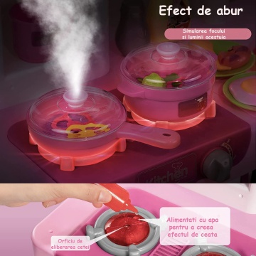 Bucatarie Multifunctionala Completa pentru Copii, Interactiva, 53 de Piese, cu Lumini si Sunete Realiste, Chiuveta cu Circuit de Apa, Cuptor, Plita, Simulare Gatit, 74 cm Inaltime, Culoare Roz - Img 2