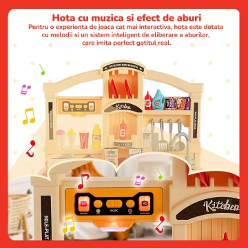 Bucatarie pentru Copii Mavio®, Simulare Gatit, Chiuveta cu Circuit Apa, Aragaz cu Aburi, Hota Interactiva, 77 piese, Inaltime 83, Lumini si Sunete Realiste, Ustensile Preparare Mancare, Portocaliu - Img 7