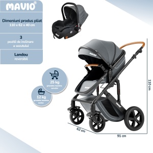 Carucior 3 in 1 pentru Bebelusi Mavio® Adventure, Landou Reversibil, Scoica Copii, Roti cu Suspensie, Greutate Maxima 25 kg, Pliabil, Tip Troller, Centura, 0 - 36 luni, Gri - Img 2