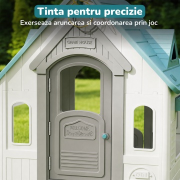 Casuta de Joaca pentru Copii Mavio®, Joaca 3 in 1 in Gradina, Baschet, Aruncarea Inelelor, Joc de Rol, Usa, Ferestre, Cadru Rezistent, Margini Fine, Interior si Exterior, Varsta Recomandata 2 ani+, Alb/Turcoaz - Img 6