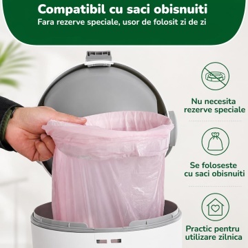 Cos pentru Scutece Mavio®, Capacitate 12 Litri, Inchidere Ermetica, Compatibil cu Saci Obisnuiti, Reduce Mirosurile Neplacute, Utilizare Rapida cu o Mana, Material PP + ABS Rezistent, Usor de Curatat, Design Compact, Pentru Camera Bebelusului, Alb/Gri - Img 2