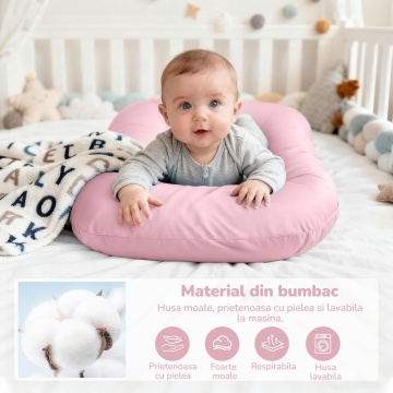 Cosulet Bebelus pentru Dormit Mavio®, Baby Lounger, Pentru Bebelusi 0-12 Luni, Material 100% Bumbac, Design Ergonomic, Spatiu Confortabil pentru Odihna si Relaxare, Usor de Folosit Acasa sau in Calatorii, Roz - Img 2