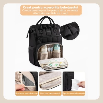 Geanta pentru Bebelusi Mavio®, 31 L, 17 Buzunare, Rucsac cu Buzunare Termoizolante, Buzunar Impermeabil, Buzunar Servetele Umede, Prindere Carucior, Buzunar Antifurt, Salteluta de Schimb, Negru - Img 3