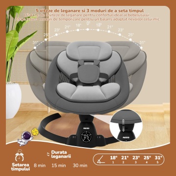 Leagan Electric Mavio®, Balansoar Bebelusi 0-9 luni, Copertina Detasabila, Plasa Tantari, Bara Jucarii, Functie Temporizator, 5 Trepte, Telecomanda, Bluetooth, Centura de Siguranta, Control Tactil, 10 Melodii, Greutate Suportata 9 kg, Negru - Img 3