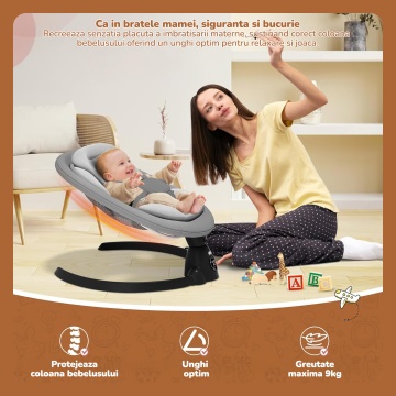 Leagan Electric Mavio®, Balansoar Bebelusi 0-9 luni, Copertina Detasabila, Plasa Tantari, Bara Jucarii, Functie Temporizator, 5 Trepte, Telecomanda, Bluetooth, Centura de Siguranta, Control Tactil, 10 Melodii, Greutate Suportata 9 kg, Gri - Img 5