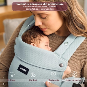 Marsupiu Ergonomic pentru Bebelusi Mavio®, 0-9 Luni, 3.2-11 Kg, Air Mesh Respirabil, Suport pentru Spate si Solduri, Bretele Incrucisate, Catarame Sigure, Protectie UV Ajustabila, Suport Captusit pentru Gat, Pozitie Ergonomica M si C, Verde Mint - Img 3