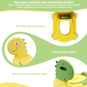 Olita pentru Copii Mavio®, Model Dinozaur, Colac Moale, Design Ergonomic, Non-Toxic, Varsta 1-6 Ani, Compartiment Detasabil, Maner Transport, Usor de Curatat, Picioare Anti-derapante, Galben - Img 4