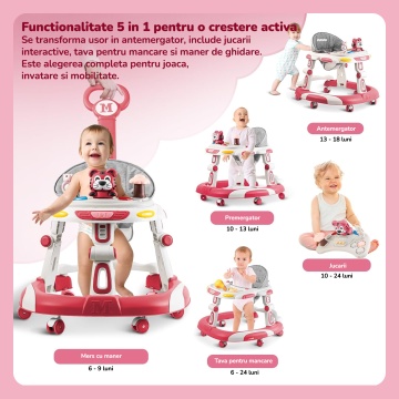 Premergator Copii 2 in 1 Mavio®, Model EasyRide, Rotobil pentru Bebelusi, Mod Antemergator, Varsta Recomandata 6-36 Luni, Maner, Pliabil, Inaltime Ajustabila, Jucarii Interactive, Anti Cadere, Roti 360 Grade, Masuta Mancare Bebe, Tavita cu Sunete, Roz - Img 5