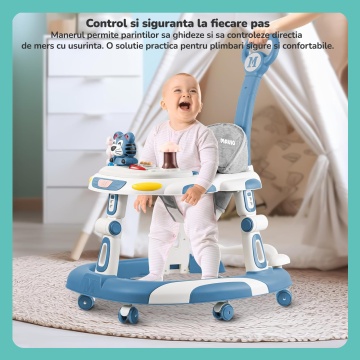 Premergator Copii 2 in 1 Mavio®, Model EasyRide, Rotobil pentru Bebelusi, Mod Antemergator, Varsta Recomandata 6-36 Luni, Maner, Pliabil, Inaltime Ajustabila, Jucarii Interactive, Anti Cadere, Roti 360 Grade, Masuta Mancare Bebe, Tavita Sunete, Albastru - Img 6