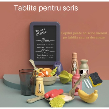 Resigilat - Bucatarie multifunctionala completa pentru copii, chiuveta cu circuit de apa, frigider, aragaz, tablita pentru notite, fructe, legume, multiple accesorii, 42 de piese in total, albastra - Img 7