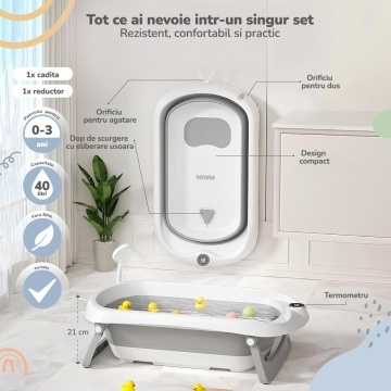 Resigilat - Cadita Pliabila pentru Bebelusi Mavio®, Model BabySpa, Reductor Ergonomic, Termometru Digital Incorporat, 0–36 Luni, 40L Capacitate, 83 cm, Dop Scurgere, Suport Dus, Picioare Antiderapante, Design Compact, Gri - Img 2