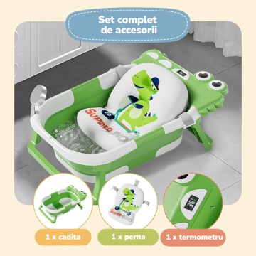 Resigilat - Cadita Pliabila pentru Bebelusi Mavio®, Model Little Dino, 0 - 36 Luni, 32 Litri, 63 cm, Perna de Baie Hipoalergenica, Termometru Incorporat, Suport Cap de Dus, Dop Scurgere, Picioare Antiderapante, Gaura Agatare, Verde - Img 3