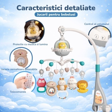 Resigilat - Carusel Muzical pentru Patut Mavio®, Model Little Bear, Proiector Lumini pentru Bebelusi, Sunete Albe & Cantece de Leagan, Telecomanda, Temporizator 20/40/60 min, 0+ luni, ABS Non-Toxic, Albastru - Img 3