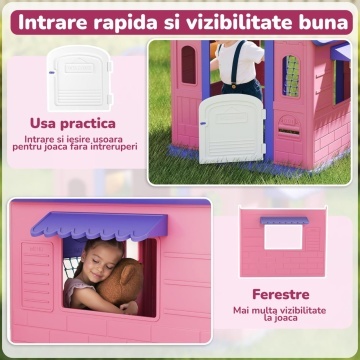 Resigilat - Casuta de Joaca pentru Copii Mavio®, Joaca 3 in 1 in Gradina, Baschet, Aruncarea Inelelor, Joc de Rol, Usa, Ferestre, Cadru Rezistent, Margini Fine, Interior si Exterior, Varsta Recomandata 2 ani+, Roz/Mov - Img 4
