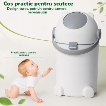 Resigilat - Cos pentru Scutece Mavio®, Capacitate 12 Litri, Inchidere Ermetica, Compatibil cu Saci Obisnuiti, Reduce Mirosurile Neplacute, Utilizare Rapida cu o Mana, Material PP + ABS Rezistent, Design Compact, Pentru Camera Bebelusului, Alb/Gri - Img 6