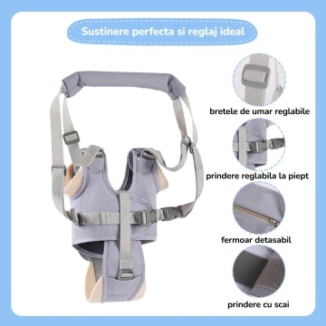 Resigilat - Ham Premergator, Mavio®, Bebelusi 9-24 Luni, Multifunctional, Material Respirabil, Complet Ajustabil si Ergonomic, Suport Inghinal Detasabil, Protectie Spate Parinti, Sistem Siguranta Dublu, Gri - Img 2