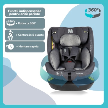 Resigilat - Scaun Auto Bebelusi Mavio®, Model Evolution, 40-150 cm, 360 de grade, ISOFIX, Copii intre 0 - 12 ani, Omologat i-Size R129, Gri - Img 3