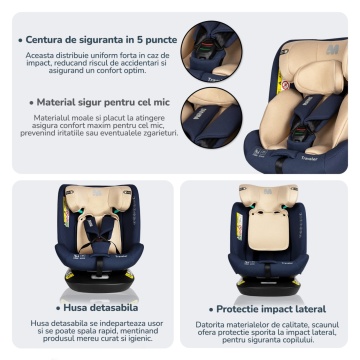 Resigilat - Scaun Auto Bebelusi Mavio®, Model Traveler, 40-150 cm, Rotatie 360 de grade, ISOFIX, Copii intre 0 - 12 ani, Omologat i-Size R129, Albastru/ Crem - Img 6