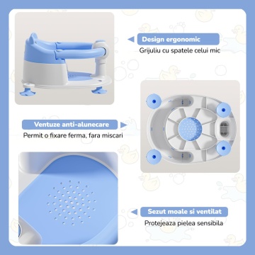 Resigilat - Scaun de Baie pentru Bebelusi Mavio®, Model Little Bear, Sistem Blocare, Varsta 6 luni+, Practic, Usor de Folosit, 4 Ventuze Fixare, Gauri Scurgere, Sezut si Spatar Confortabile, Materiale Sigure, Albastru - Img 4