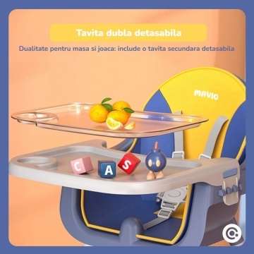 Resigilat - Scaun de Masa 3in1 pentru Bebelusi si Copii Mavio®, Model Petite, Varsta 6-36 luni, Inaltime Ajustabila, Centura de Siguranta in 5 Puncte, Tavita Reglabila si Detasabila, Loc pentru Depozitare, Albastru - Img 4