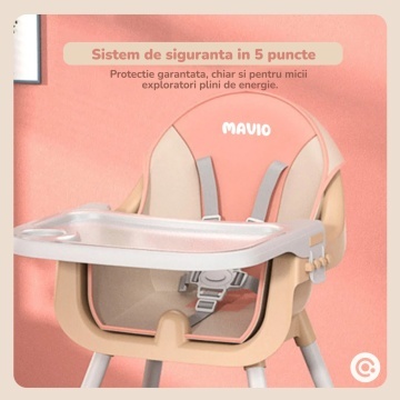 Resigilat - Scaun de Masa 3in1 pentru Bebelusi si Copii Mavio®, Model Petite, Varsta 6 - 36 luni, Inaltime Ajustabila, Centura de Siguranta in 5 Puncte, Tavita Reglabila si Detasabila, Loc pentru Depozitare, Roz - Img 6