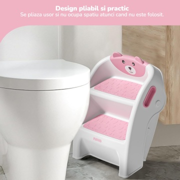 Resigilat - Scaunel Copii Mavio®, Model Little Bear, Scara cu Suprafata Antialunecare, Inaltator WC in Doua Trepte, Maner Transport, Taburet Pliabil pentru Baie, Toaleta, Chiuveta, Bucatarie, Greutate Suportata 68kg, Roz - Img 8