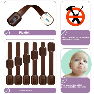 Resigilat - Set 6 Sigurante Usi Copii, Blocheaza Sertare, Frigider, Congelator, Ajustabile pe Lungime, Adeziv Puternic 3M, Fara Urme dupa Indepartare, Sistem de Inchidere Dublu, Maro - Img 5