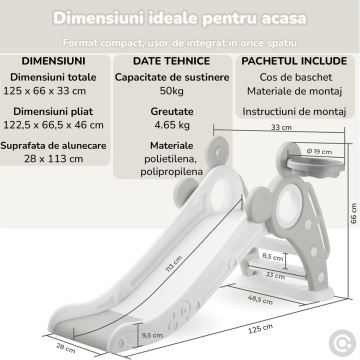 Resigilat - Tobogan Copii Mavio® cu Cos Baschet, 1–4 Ani, Panta Alunecare 115 cm, Structura HDPE Durabila, Pliabil, Stabil si Sigur, Design Ergonomic, Interior/Exterior, Dimensiuni 125x66x33 cm, Gri - Img 6