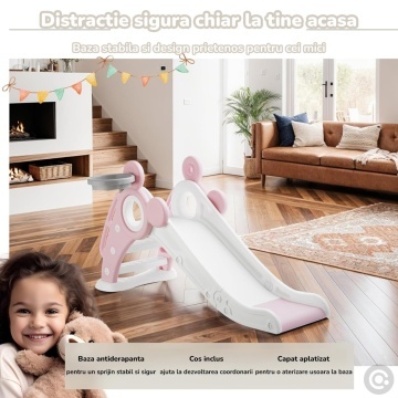 Resigilat - Tobogan Copii Mavio® cu Cos Baschet, 1–4 Ani, Panta Alunecare 115 cm, Structura HDPE Durabila, Pliabil, Stabil si Sigur, Design Ergonomic, Interior/Exterior, Dimensiuni 125x66x33 cm, Roz - Img 7